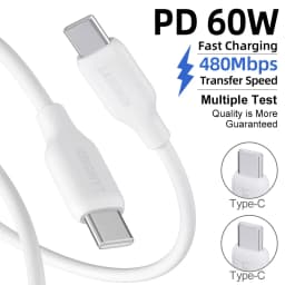 USB-C to USB-C 60W 3A Silicone Cable Soft Liquid Silicone PD Fast Charging Cord Tangle-Free Compatible with iPhone 17 16 15