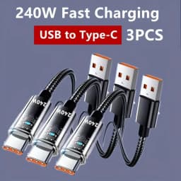 3/1PCS 240W Nylon Cable USB Type C 1M Super Fast Charging Cable For Samsung Xiaomi Huawei LED Digital Display Fast Charger Data