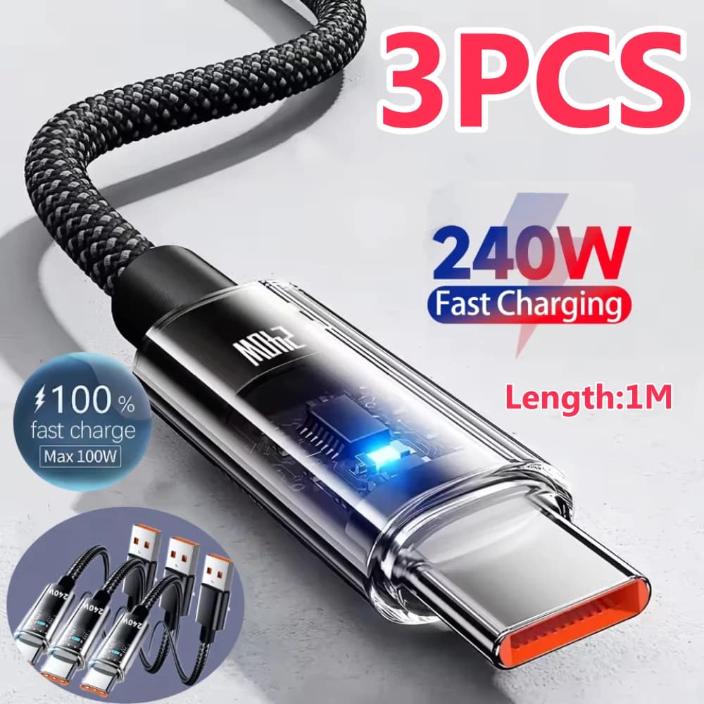3/1PCS 240W Nylon Cable USB Type C 1M Super Fast Charging Cable For Samsung Xiaomi Huawei LED Digital Display Fast Charger Data