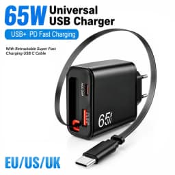 65W Type C USB Phone Charger Super Fast Charge With Retractable USB C Cable For iPhone 17 16 Samsung POCO Xiaomi EU/US/UK Plug