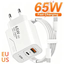 65W GaN Charger USB-A Type-C 2-Port Super Fast Charging Phone Charger EU/US Plug Wall Charger 10A Cable For iPhone Huawei Xiaomi