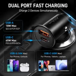 Vyvylabs 65W Car Charger Zinc Alloy Mini USB-A Type-C Fast Charging Adapter DC12V-24V Car Max 65W for iPhone 17 Samsung Huawei