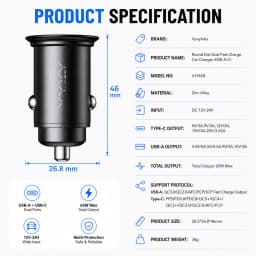 Vyvylabs 65W Car Charger Zinc Alloy Mini USB-A Type-C Fast Charging Adapter DC12V-24V Car Max 65W for iPhone 17 Samsung Huawei