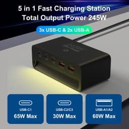 245W GaN Charger 5 in 1 Desktop Fast Charger with Night Light for iPhone 17 16 15 14 Pro Max Samsung Tablets iPad Mobile Phones