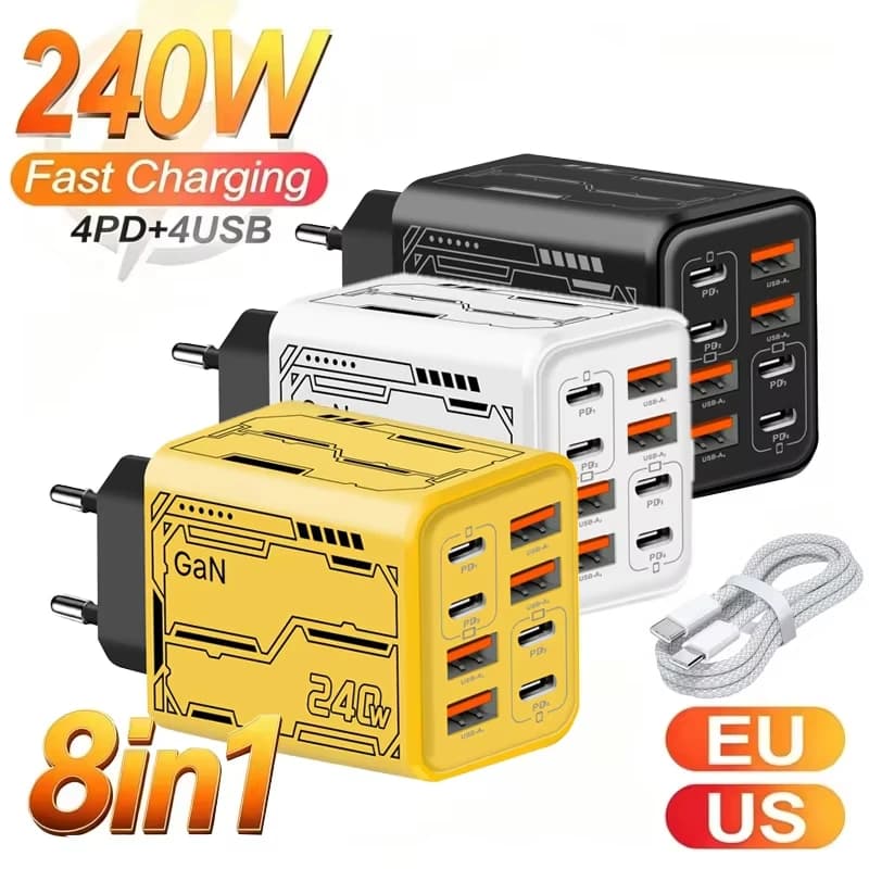 New 240W 8 in 1 USB C Charger Fast Charging Phone Charger Power Adapter For iPhone Samsung Huawei EU/US/UK Plug Wall Charger