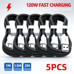 5PCS USB A to USB C 120W Fast Charging Cable, Reinforced Connector, For iPhone 17 16 15 Samsung Huawei Xiaomi Etc