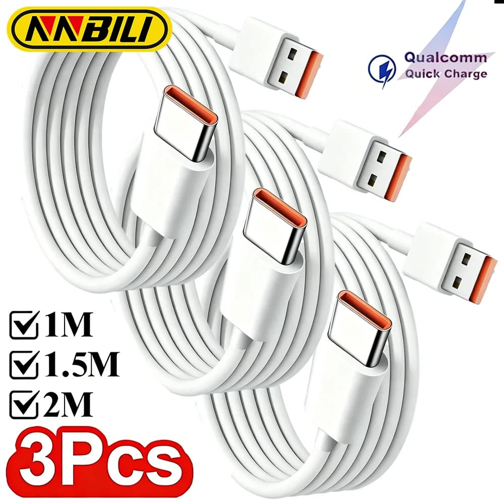 NNBILI 3Pcs 6A USB Cable USB Type C Super Fast Charging For Huawei P40 P30 For Xiaomi Samsung Data Quick Charging Type C Cables