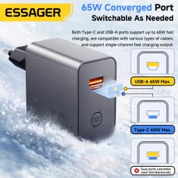 ESSAGER 65W GaN Fast Charger PD3.0 PPS QC4.0 Compatible with iPhone 17/16 Samsung MacBook Air Huawei - Compact High-Speed Charge
