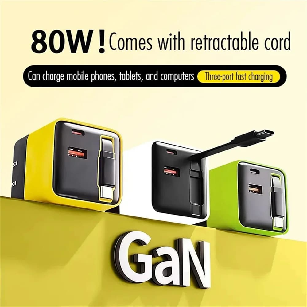 80W Type C Fast Charging Phone Charge Adapter 3 in 1 GaN USB Charger Type C Fast Charging Cable For iPhone Samsung Xiaomi Huawei