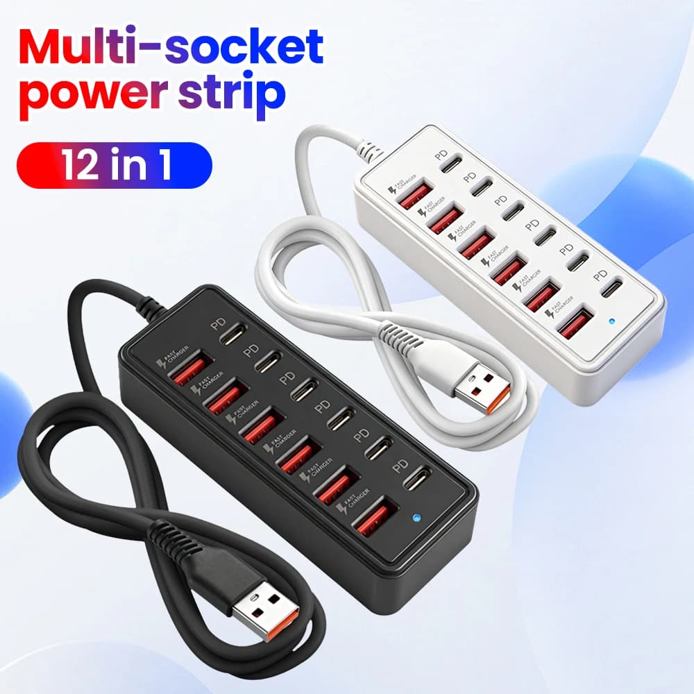 12 in 1 Multi-socket Power Strip Adapter With USB Cable HUB USB C Charger Station 6 USB-A 6 USB-C Fast Charger For Home Office