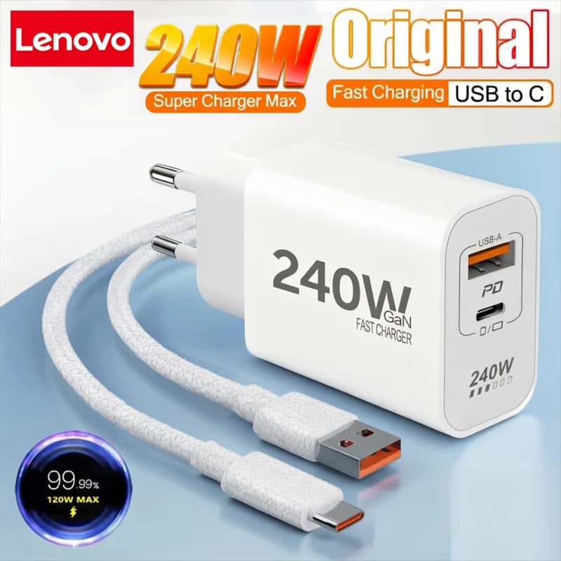 Lenovo Original 240W GaN Super Fast Charger USB PD 2 In 1 Super Fast Charging EU/US Plug For IPhone15-17 Samsung Huawei