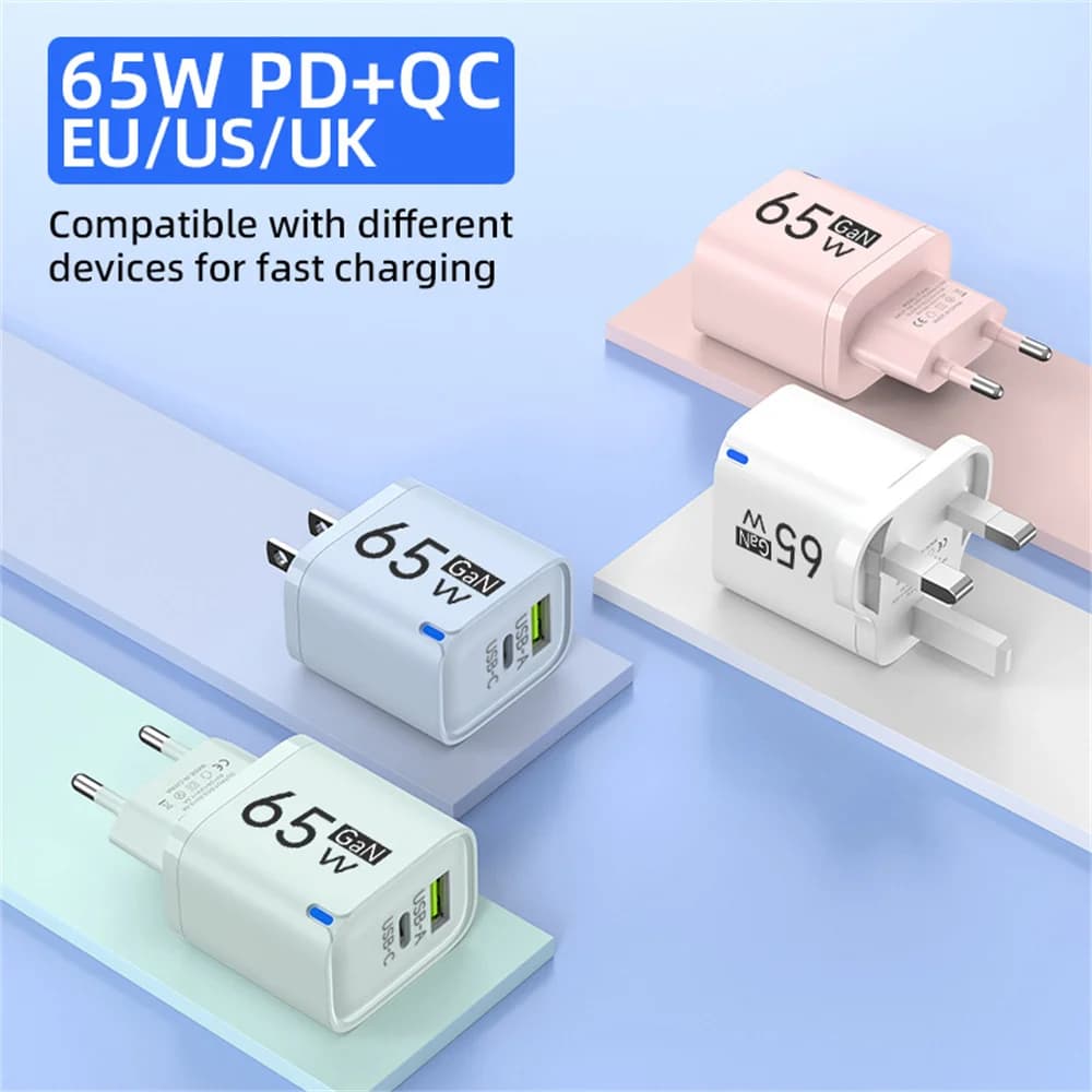 PD 65W USB C Fast Charger Quick Charge Wall Adapter For iPhone 16 17 Xiaomi Samsung Huawei OnePlus EU US UK Plug Travel Charger