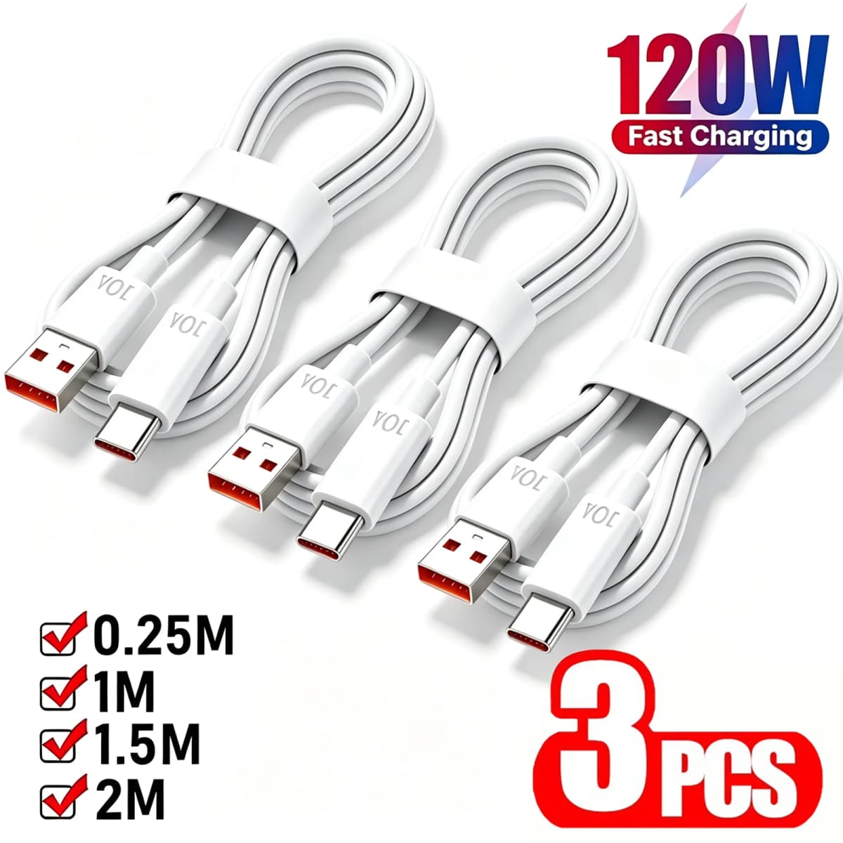 3PCS 10A 120W Type C USB Super Fast Charging Cable For Xiaomi Redmi Huawei Honor POCO Realme Quick Charge USB C Cables Data Cord