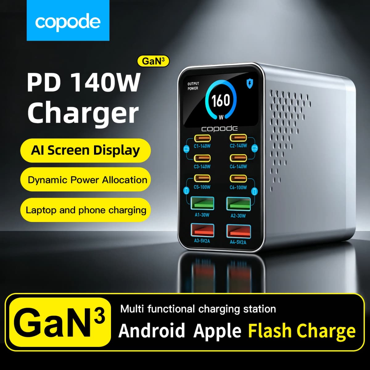 Copode 10-in-1 GaN USB-C Desktop Charging Station PD+QC Digital Display Fast Charger for Laptop Tablet Phone