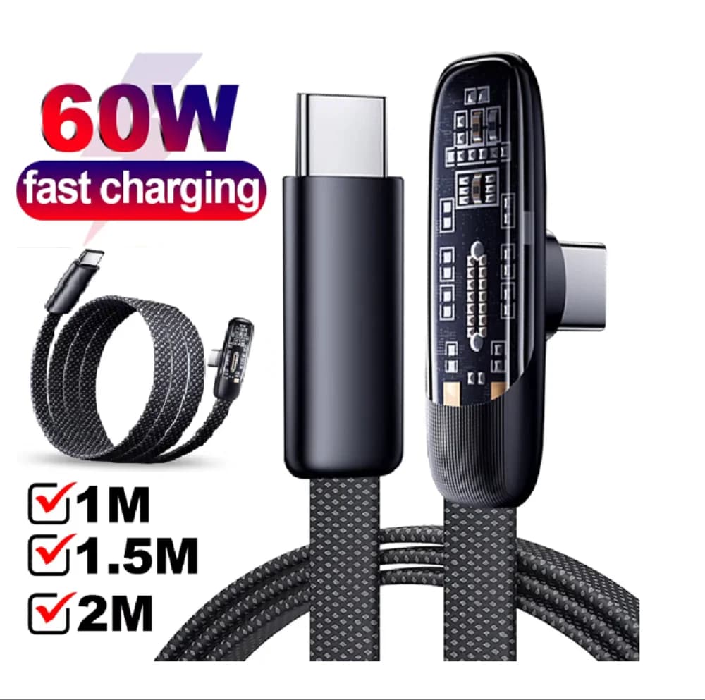 PD60W USB C Fast Charging Right Angle Cable Flat Nylon Braided Type C Port 90 Degree Elbow Data Line For iPhone 15 16 17 Samsung