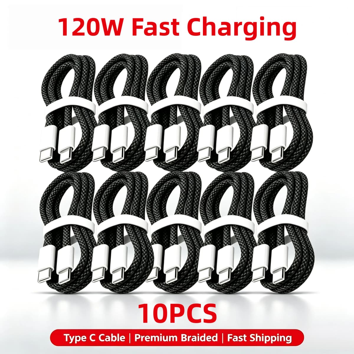 10 PCS Type C to Type-C 120W Super Fast Charging Cable, Nylon Braided Cord, Fit iPhone 17 16 15 Samsung Huawei Xiaomi Etc