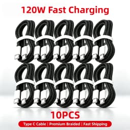 10 PCS Type C to Type-C 120W Super Fast Charging Cable, Nylon Braided Cord, Fit iPhone 17 16 15 Samsung Huawei Xiaomi Etc