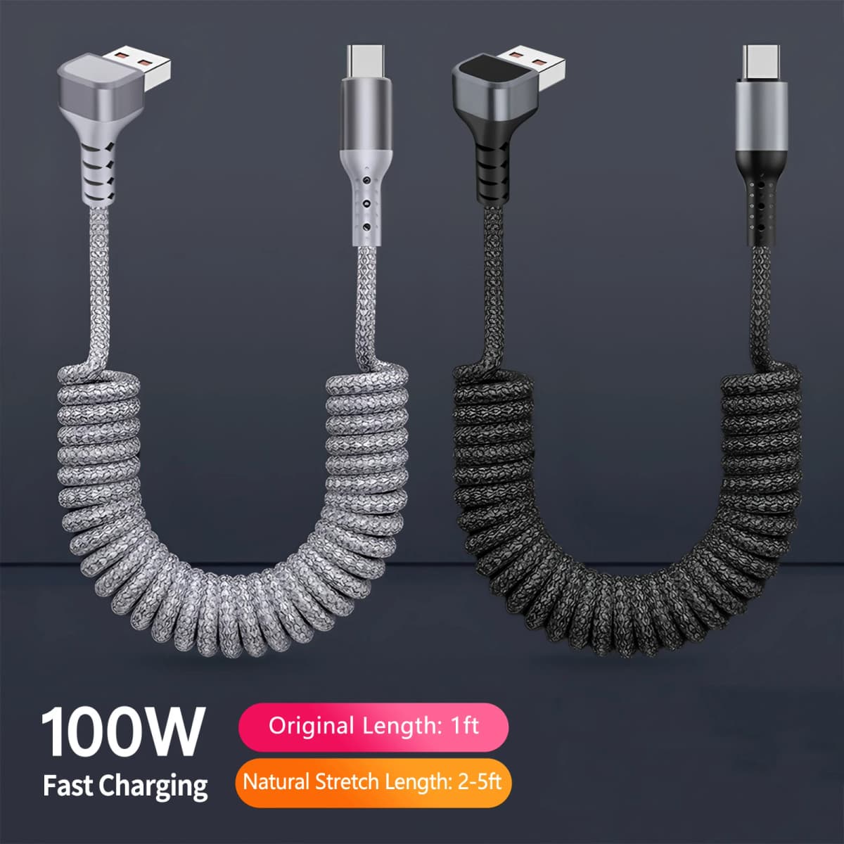 100W 90°Elbow USB to Type C Spring Cable 5A Retractable Fast Charging Data Cable USB C Car Charger Cable For iPhone 17,Samsung
