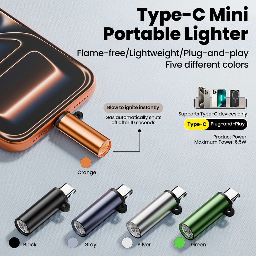 Type C Mini Cigarette Lighter Phones OTG Power Supply Blow-to-Ignite Auto Shut-Off No Battery No Flame Cigarette Lighter Adapter