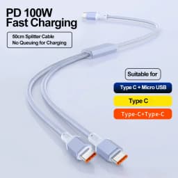 2 in 1 USB C to Dual Type C PD Fast Charging Data Cable,Multi Functional Braided Cord for iPhone 17/17Pro/16 Max Series,Samsung