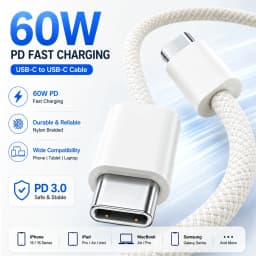 60W USB C to USB C Cable Fast Charging, White Braided PD Charger Cord for iPhone 15 16, iPad, MacBook, Samsung