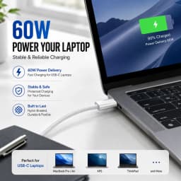 60W USB C to USB C Cable Fast Charging, White Braided PD Charger Cord for iPhone 15 16, iPad, MacBook, Samsung