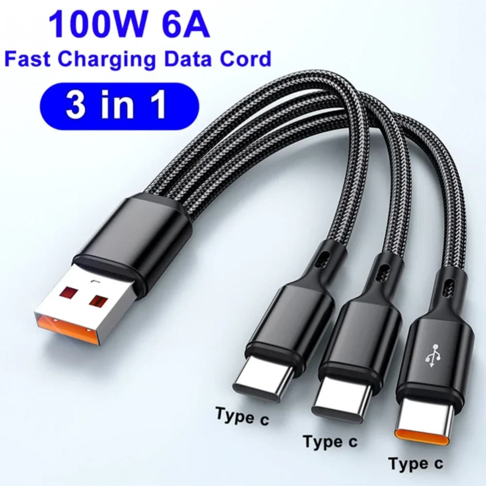 3 in 1 USB A to 3x Type C Fast Charging Cable 100W 6A High Speed Data Transfer for Samsung S24 Xiaomi Huawei Android