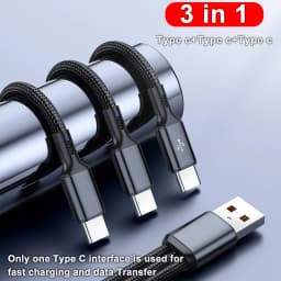 3 in 1 USB A to 3x Type C Fast Charging Cable 100W 6A High Speed Data Transfer for Samsung S24 Xiaomi Huawei Android