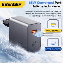 ESSAGER 65W GaN Charger 2 In 1 USB Type C Fully Compatible Charger Fast Charging for iPhone 17 Samsung S26 MacBook Huawei Laptop