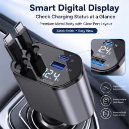 120W Fast Charging Car Charger Dual Retractable Type‑C Cables Dual USB‑A Digital Voltage Display Car Cigarette Lighter Adapter