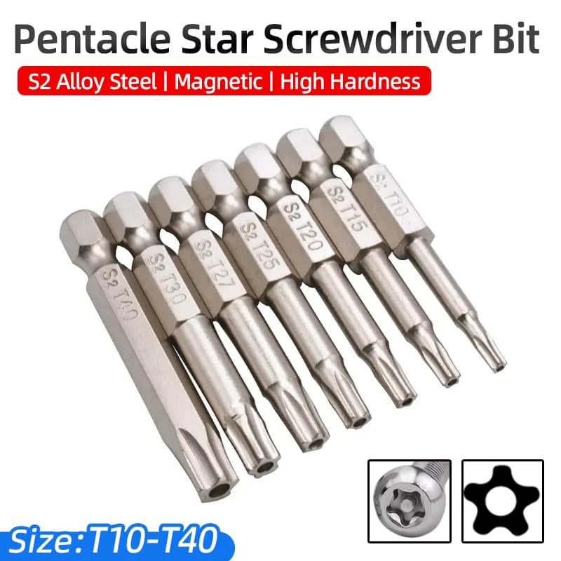 Pentacle Star Screwdriver Bits Set 1/4 Hex Shank Five-Point Torx Screw Driver Bit S2 Steel Magnetic T10-T40 50mm For Power Tools