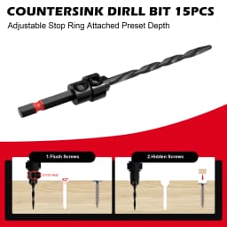 EZARC 15pcs Countersink Drill Bits Set, Tapered Drill Bits for Wood, with Phillips Screwdriver Bits, Extension Bit Shaft
