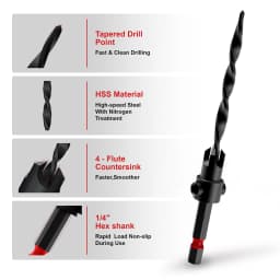 EZARC 15pcs Countersink Drill Bits Set, Tapered Drill Bits for Wood, with Phillips Screwdriver Bits, Extension Bit Shaft
