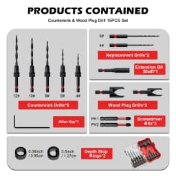 EZARC 15pcs Countersink Drill Bits Set, Tapered Drill Bits for Wood, with Phillips Screwdriver Bits, Extension Bit Shaft