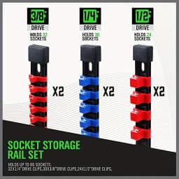 Socket Organizer Drive 6PCS 1/4-Inch x 32 Clips 3/8-Inch x 30 Clips 1/2-Inch x 24 Clips Premium Quality Socket Clip Rail Holder
