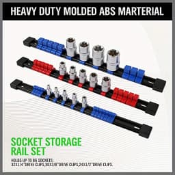 Socket Organizer Drive 6PCS 1/4-Inch x 32 Clips 3/8-Inch x 30 Clips 1/2-Inch x 24 Clips Premium Quality Socket Clip Rail Holder