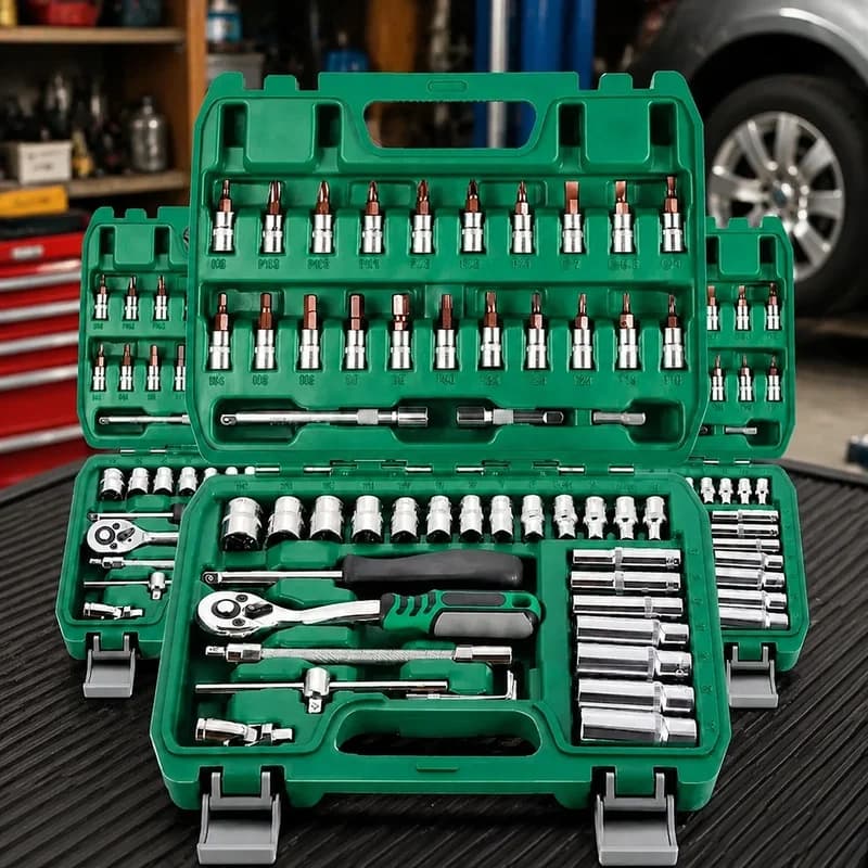 46-Piece Car Repair Kit with Green Ratchet Tools for Vehicle Maintenance