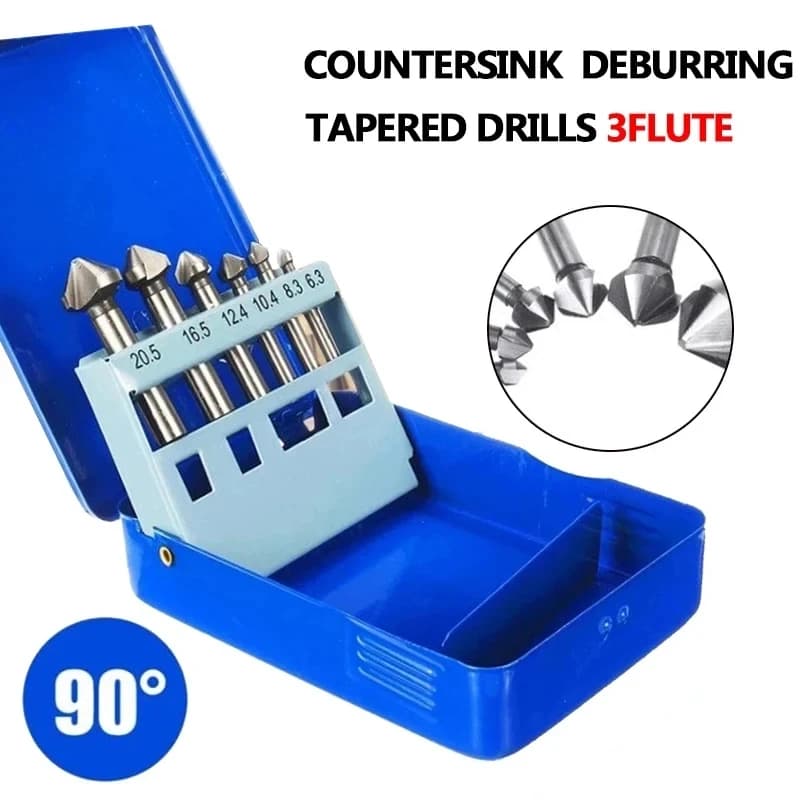 6Pcs HSS Chamfering End Mill Cutter Set 3 Flute Round Shank 6.3-20.5mm Tapered Drill Bit 90 Degree Countersink Deburring Tool