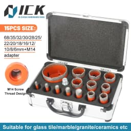 M14 Thread Diamond Dry Vacuum Brazed Drilling Core Drill Bits Set Porcelain Cup Saw Tiles Granite Marble Hole Saw Tools 15Pcs