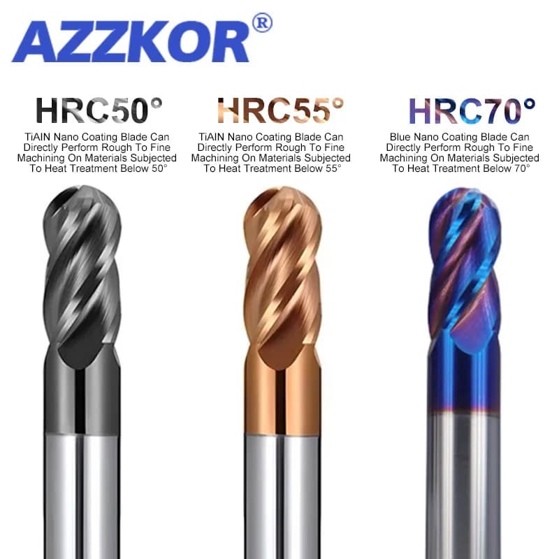 AZZKOR HRC50/55/70 For Steel Material Endmills 4-Flute Ball End Mill Tungsten Carbide CNC Milling Cutter Tools R0.5-R6.0mm