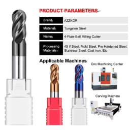 AZZKOR HRC50/55/70 For Steel Material Endmills 4-Flute Ball End Mill Tungsten Carbide CNC Milling Cutter Tools R0.5-R6.0mm