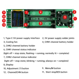 2-CH 18650 21700 Battery Capacity Tester MAh MWh Digital Internal Resistance Meter with 1A Charge Discharge Function Fan Cooling