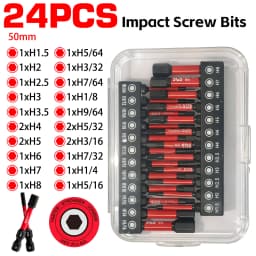 12/24 Piece Set of S2 Steel Hex Impact Bits, Strong Magnetic and Anti-Torsion, Transparent Box Storage, Industrial-Grade Repair Tools