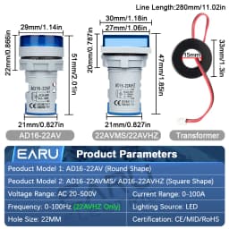 EARU 22MM AC 20-500V 0-100A LED Digital Voltmeter Ammeter Hertz Meter Signal Lights 220V Voltage Current Meter Volt Amp Tester