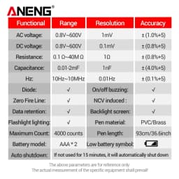 ANENG A3006 Multimeter Test Pen AC/DC Voltage Capacitance Resistance 4000 Counts Multimetro NCV Iinduced Electricity DIY Tester