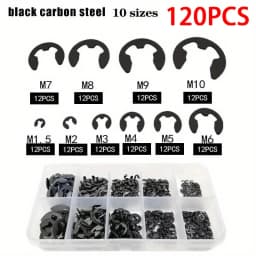 120pcs Black Stainless Steel Retaining Circlip Set Snap Ring E-clip Washer Assortment For Shaft Fastener M1.5-m10 Utility Tools