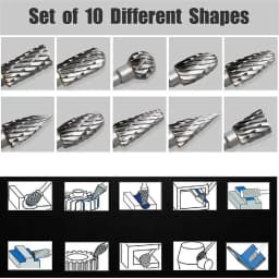 Double Cut Carbide Burr Set, 10 Shapes for Metal/Wood/Plastic, 1/8" Shank, Fast Vibration-Free Cutting & Engraving