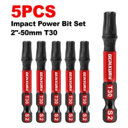 Geinxurn 2 Inches Impact Tough Magnetic Power Bit Set(T30),Torx Head Power Bits,S2 Alloy Steel Star T30 Screwdriver Bits Set