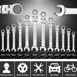 Flex-head Ratcheting Wrench Set,1Pcs Metric 6-24mm Chrome Vanadium Steel Universal Spanners for Car Repair Hand Tools