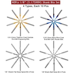 Twotrees End Mill Engraving Bits Set Nano Blue Coated CNC Router Bits Cutting Milling Cutter 1/8" Shank Carbide Milling Tools